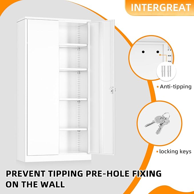INTERGREAT Metal Storage Cabinet with Lock,White Armoire Wardrobe Closet with Lockable Doors,72" H Storage Closet Cabinets for Home,School,Office,Bedroom