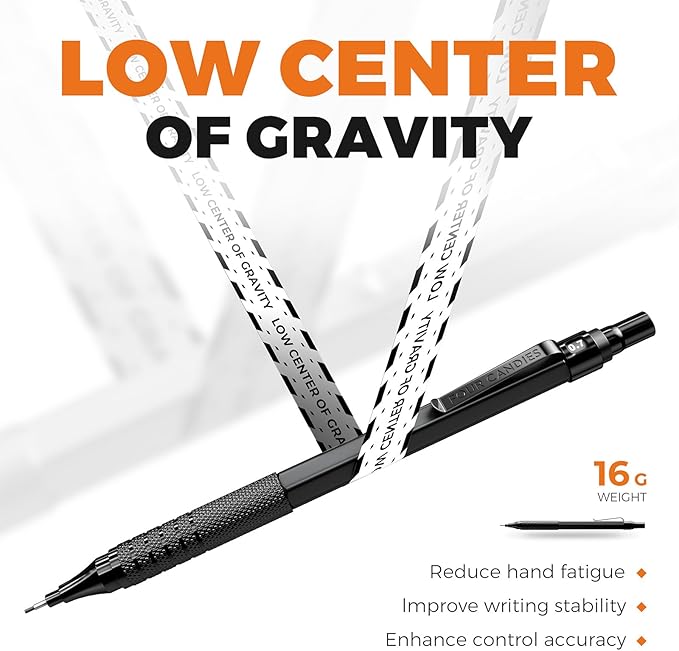 Four Candies 4PCS Metal Mechanical Pencils Set with Case, 0.5mm & 0.7 mm Artist Pencil with 8 Tubes (480PCS) HB Lead Refills, 3 Erasers,9 Eraser Refills For Writing Drafting, Drawing, Black&Silver