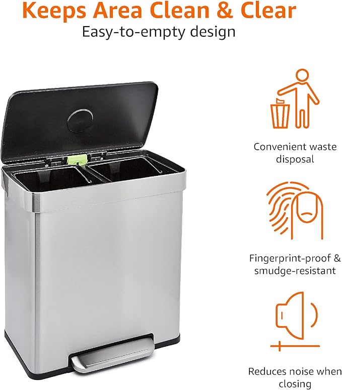 Amazon Basics Dual Compartment Recycling Trash Can with Soft-Close Lid and Removable Liner Buckets, 60 Liters, Rectangular, Grey, Silver