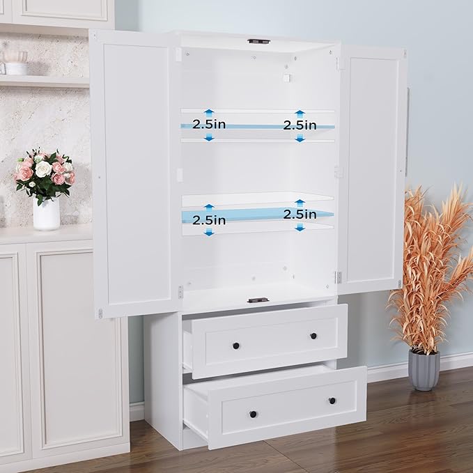 64.2" Tall White Kitchen Pantry, Storage Cabinet with Doors and Drawers, Freestanding Wooden Organizer for Kitchen, Dining Room