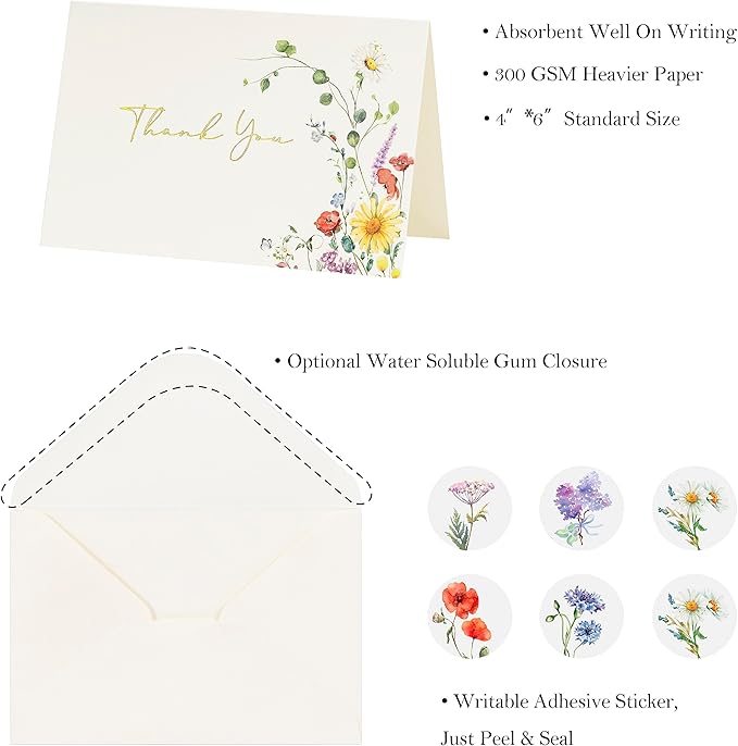 Crisky Floral 4 Assorted Thank You Cards (25 Pack) with Envelopes & Stickers Gold Foil Greeting Cards Bulk, Watercolor Wildflower for Birthday, Baby Shower, Wedding, Graduation