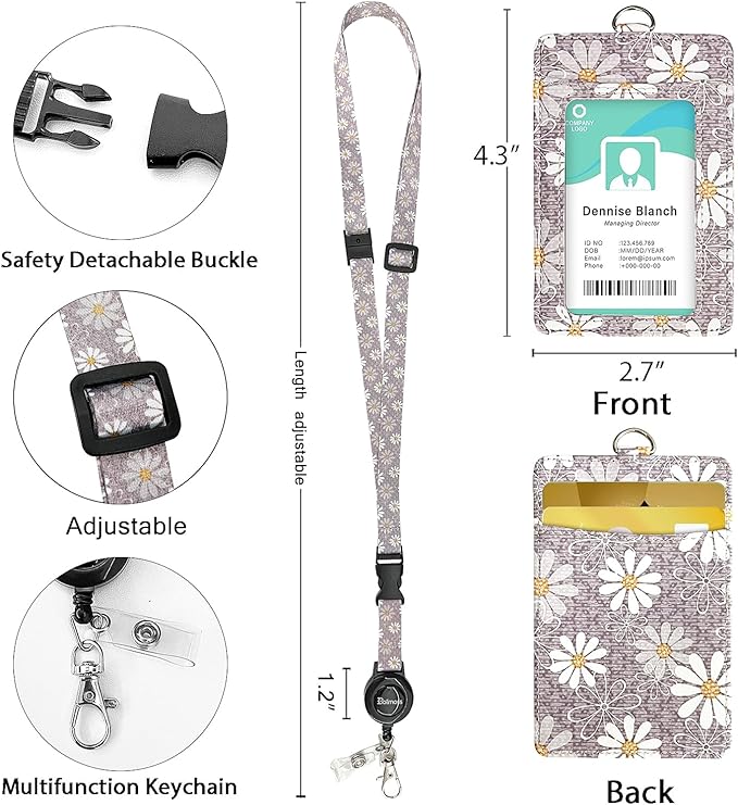 bolimoss Daisy ID Badge Holder with Adjustable Lanyard,Retractable ID Badge Card Holders Detachable Neck Lanyard Strap with Badge Reel and Leather ID Holder for Nurse Students Teachers Office Staff