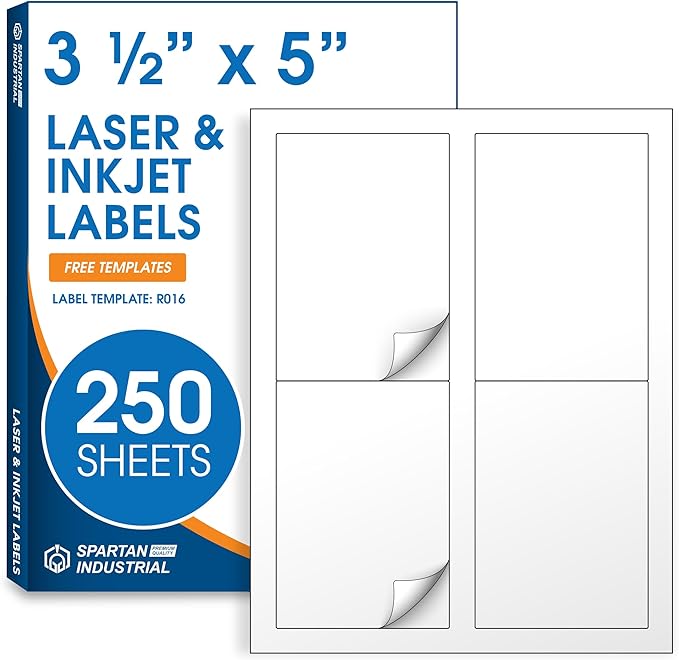 3 1/2" X 5" Matte White Printable Labels Compatible with Inkjet and Laser Printers - 250 Sheets, 1000 Stickers for Shipping, Mailing, and Organization - Spartan Industrial