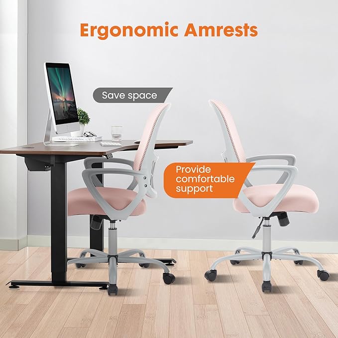 Sweetcrispy Office Computer Desk Managerial Executive Chair, Ergonomic Mid-Back Mesh Rolling Work Swivel Chairs with Wheels, Comfortable Lumbar Support, Comfy Arms for Home,Bedroom,Study,Student,Pink