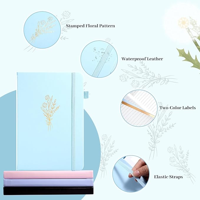 MINICAGIE 2 Pack Lined Journal Notebook for Women Cute Leather Journals for Writing Aesthetic Floral Diary 192 Pages A5 Hardcover Journaling Notebooks with Pen Loop, Blue, Purple