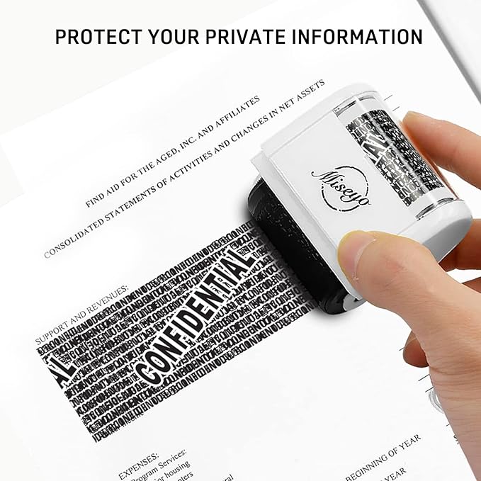 Miseyo Identity Theft Protection Roller Stamp Set - White (6 Refill Ink Incleded)