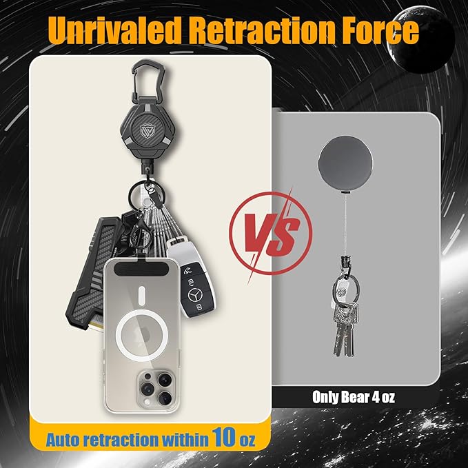 Oaridey Magnetic Retractable Keychain, Heavy Duty Carabiner Badge Holder with Phone Tether Tabs, Tactical ID Badge Reel with 31.8'' Coated Steel Cord and Lobster Clasp, Bearing 10.0 oz - 2 Pack