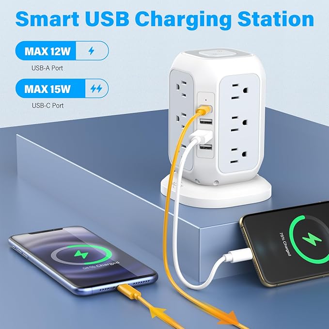 AiJoy Surge Protector Power Strip - 12 AC Outlets, 4 USB Ports (1 USB-C), 10ft Extension Cord, Charging Station with Surge Protection for Home, Office, Dorm