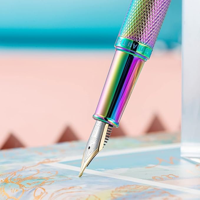 Hongdian Rainbow Forest Fountain Pen Blade Nib Classic Design Calligraphy Pen with Converter and Metal Pen Case Set