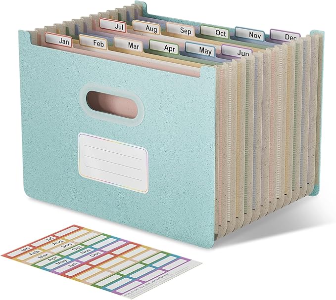 Accordion File Organizer, 12 Pockets Wheat Straw Expanding File Folders, Upright & Open Top, Monthly Bill Receipt Organizer, 100% BPA Free, Return to Nature, Healthy Living, Letter/A4 Size-Sky Blue