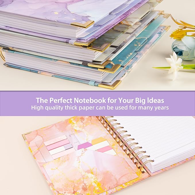 A4 Spiral Notebooks for Work, 300 Pages Lined Spiral Journal Notebook, 5 Subject College Ruled Journals for Writing, 11”x9.25''Journaling Notebooks for School Office Supplies (Purple Marble)