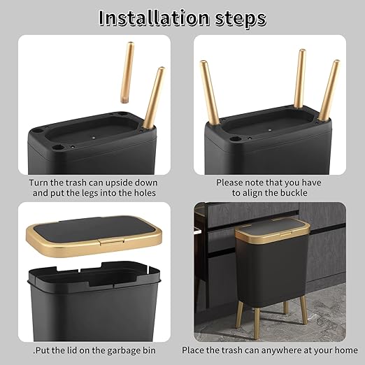 Procade 2Pack Office Trash Can with Lid, 4 Gallon Gold Trash Can Bathroom, Black Garbage Can with Push Button, Narrow Garbage Bin Waste Basket for Bedroom, Kitchen, Toilet