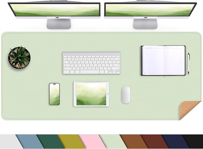 Leather Desk pad Protector, Large Desk mat with Natural Cork & PU Leather,Mouse pad,Non-Slip Office Desk Mat,Waterproof Desk Writing Pad for Office and Home (47in*17in, Light Green)