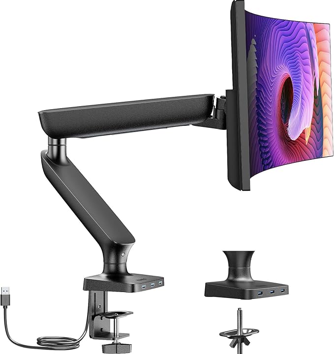 Single Monitor Mount for 13-40 Inch Screens up to 24 lbs, Ergonomic Adjustable Monitor Arm with Built-in USB 3.0 Hub, Space-Saving VESA Desk Mount for Home Office & Gaming, C-Clamp & Grommet Base