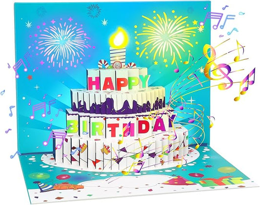 3D Pop-Up Birthday Card with LED Lights & Blowable Candle – Interactive Music Greeting Card for Women, Men, Kids Green