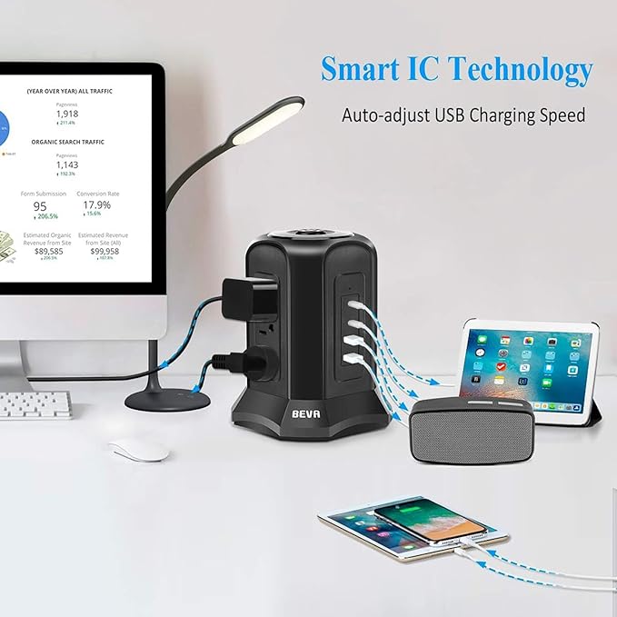 Power Strip Tower Surge Protector BEVA 10ft Flat Plug Desktop Charging Station 9 AC Outlets 4 USB Ports, 900 Joules, Long Extension Cord for Home Office Appliances Smartphones Computer Tablets(Black)