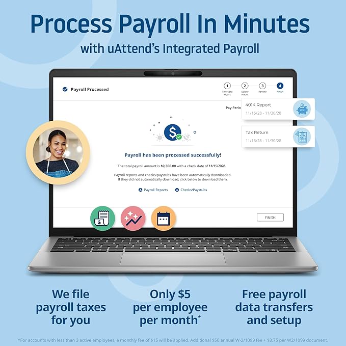 uAttend JR2000 Biometric Fingerprint, RFID, PIN Time Clock for Small Business – Cloud-Based Attendance System with Optional Payroll Integration – All-in-One System