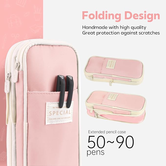 Pencil Case, Large Capacity Aesthetic Pencil Cases with Durable Zipper, Big Stationery Pencil Pouch for Women & Men, Adults Portable Storage Organizer Bag for College, office, Travel (Pink)