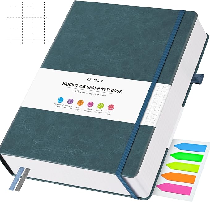 Graph Paper Notebook, 312 Numbered Pages B5 Hardcover Leather Journal, 100gsm No Bleed Grid Paper Notebook with Index Pages, Grid Notebook for Graphing Notes Math, 7.6'' X 10'', Grey Blue