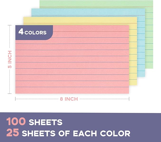 Colored Index Cards 5x8 100Pcs, Goefun Ruled Flashcards, 4 Color Notecards for Studying, Recipes, Memo Cards, Office Supply, DIY, Presentation