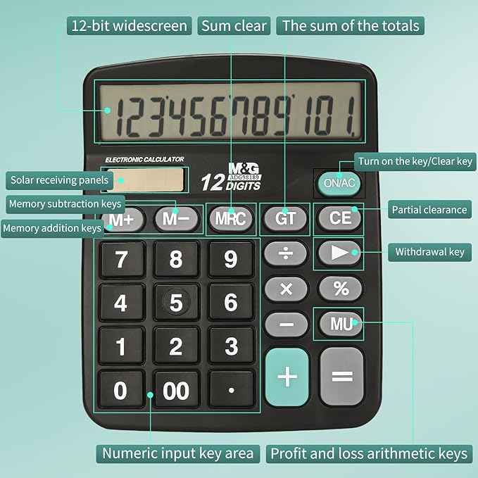 M&G Desk Calculator 12 Digit Office Calculators with Large LCD Display, Dual Solar Power and Battery, Recessed Big Button Calculator for Office Home School (Black, Pack of 5)