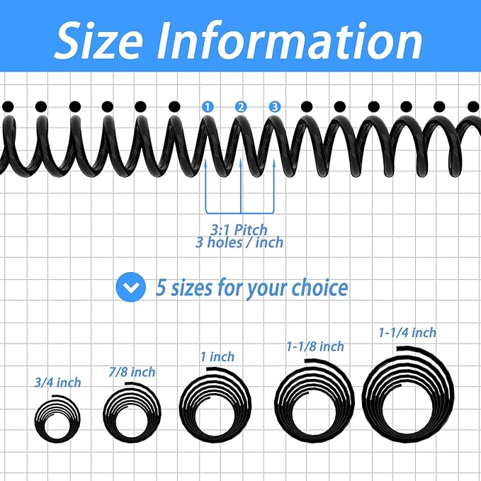 Rayson 25.4mm Plastic Spiral Coil Binding 3:1 Pitch, 1 inch, 210 Sheets Capacity Black Coil Binding Spines - Versatile for Office and Educational Tasks, Pack of 50