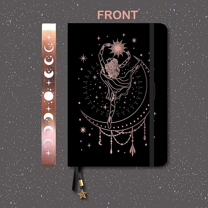BUKE Medium A5 Hardcover Notebook Dotted Journal - 180Gsm Thick Bamboo Paper - 160 Dot Grid Pages 5x5 MM - Black Color Faux PU Leather Cover - Rose Gold Edge And Moons (A5, Black)