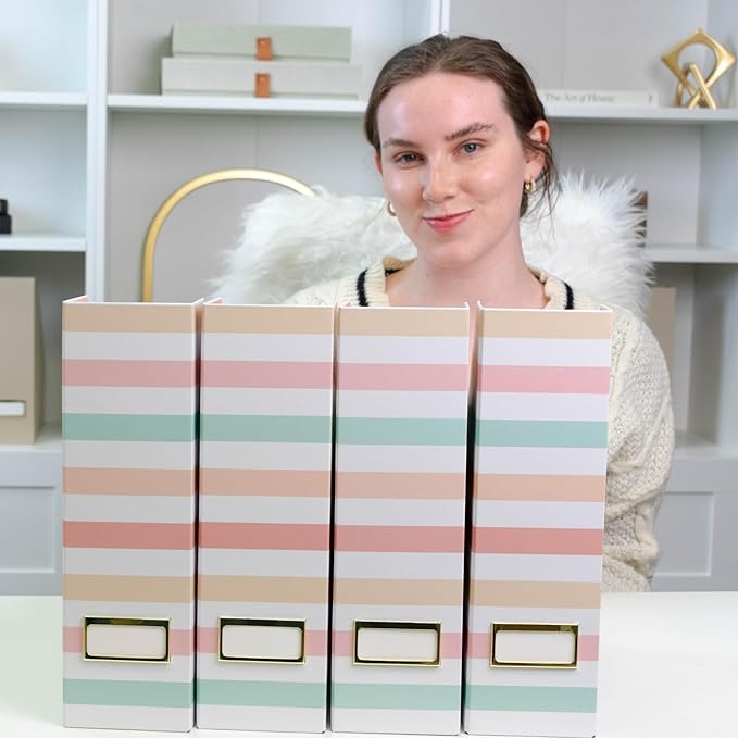 BLU MONACO Set of 4 Foldable Magazine Holders in Pastel Stripes – Sturdy Cardboard Vertical Organizers with Label Holders – Office File Storage Box, Desk Organizer, Paperwork and Document Holder