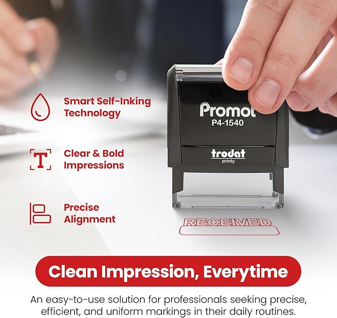 Promot Received Self Inking Rubber Stamp - Refillable Received Stamper - Business, Bookkeeping, Ordering, Accounting, Work, Office Stamps - Red Ink