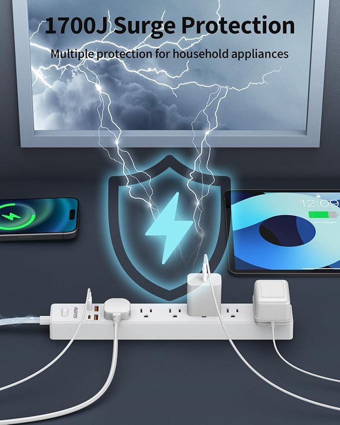 6 Ft Power Strip Surge Protector - 7 Outlets 4 USB Ports (2 USB C), Ultra Thin Flat Extension Cord & Flat Plug, 1700 Joules, Wall Mount, Desk Charging Station for Home Office Dorm, White