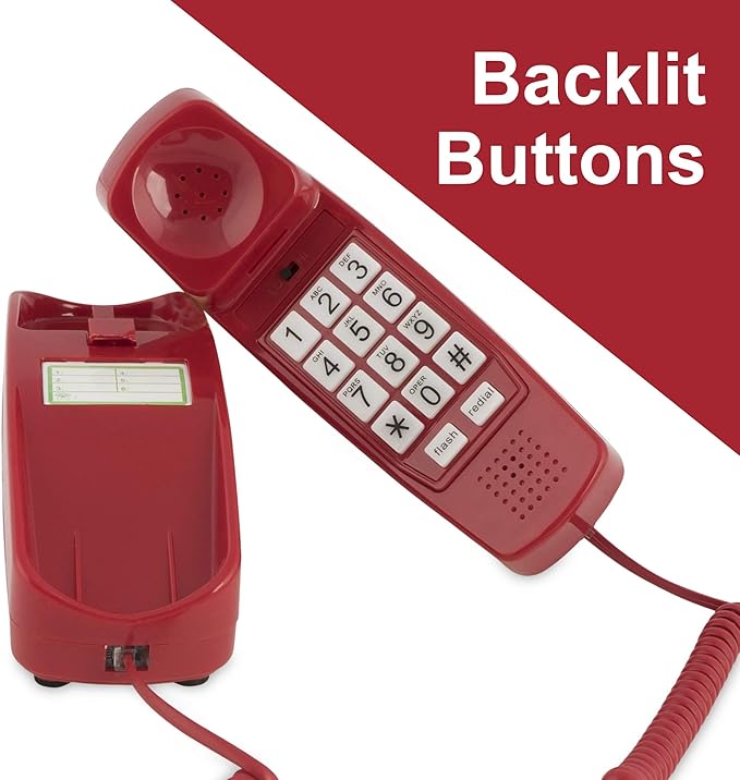 iSoHo Phones - Hearing Device-Friendly Phone – Gentle on Aching Hands, Easy-to-Press Buttons, Wall-Mountable, Custom Ringtone/Volume, Adjustable Ringer & Call Waiting with Lighted Keypad, Crimson Red