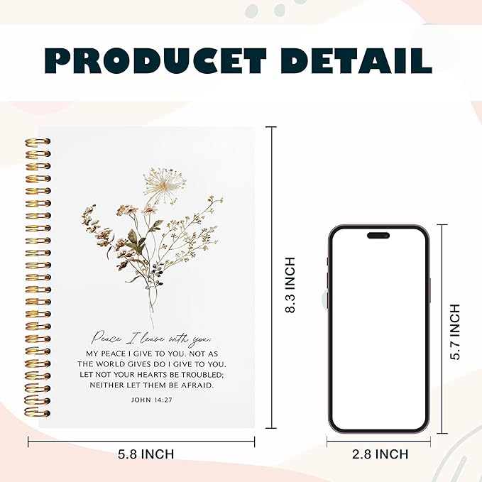 BearCake Peace I Leave with You Floral Christian Notebook Journal, Christian Gifts for Women, Bible Notebooks for Note Taking, Bible Journaling Notebook, Hardcover Spiral Notebook 5.5x8.3