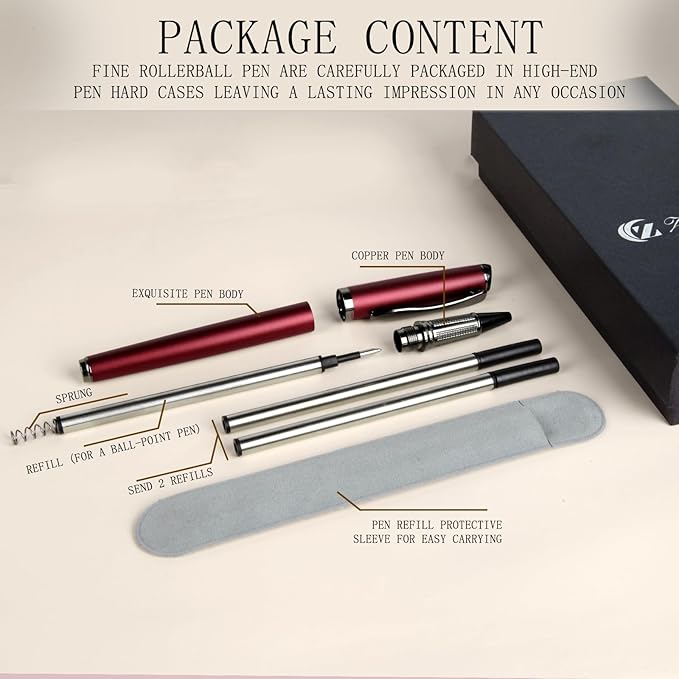 Liquid Ink Rollerball Pen - Luxury Metal Pen with Smooth Writing, Stylish Design, Effortless Writing, Fancy Gift Case for Men & Women, Includes 2 Refills - Pear Red