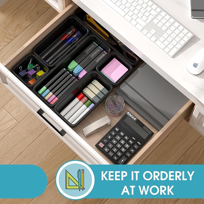 6 PCS Drawer Organizer Set, 3 Size Makeup Drawer Divider Organizer With Non-Slip Pads, Interlocking Plastic Storage Bins for Office,Jewelry Vanity,Gadgets, Bathroom,Kitchen, Black