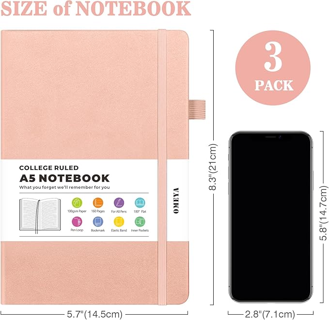 OMEYA Lined Journal Notebook, 3 Pack A5 College Ruled Notebooks for Work, Hardcover Notebook Each with 2 Pockets & Pen, Leather Journal for Women, Men, 160 Pages, 100GSM Thick Paper (Pink)