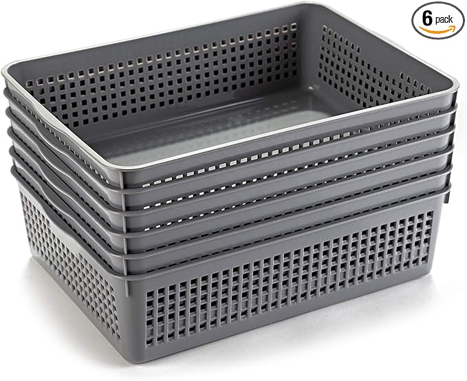 A4 Size Plastic Paper Storage Trays,Desktop File Organizer Baskets,6-Packs (Grey)
