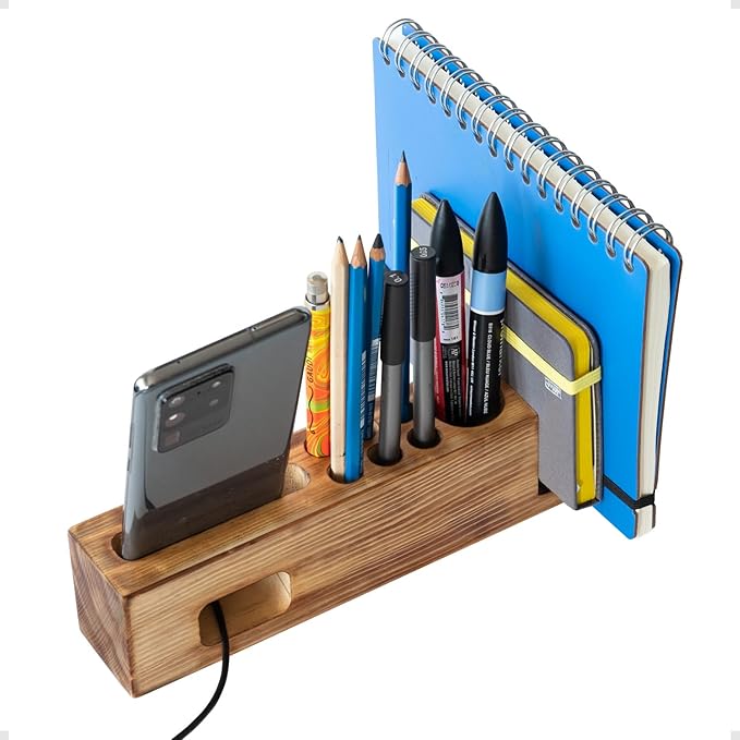 Hoffenwell Wooden Desk Organizer with Phone Holder – Stylish & Functional Book, Pen and Cell Phone Charging Stand - Solid Wood Pen Holder for Desk