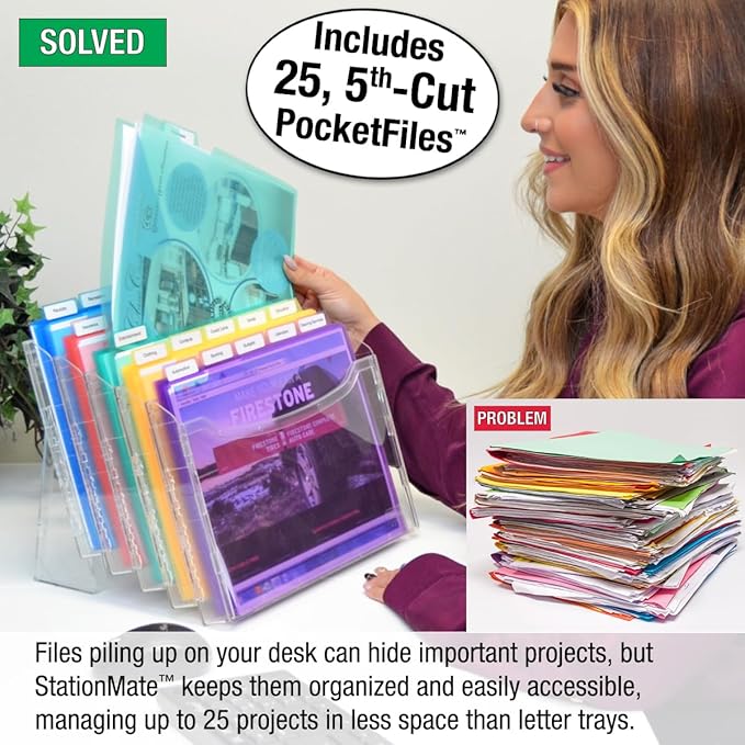 Ultimate Office StationMate Desktop Organizer (Includes 25, 5th-Cut PocketFiles). Complete Project Manager and File Sorter for The Office or Home with an Incline Design Puts All Files in Clear View