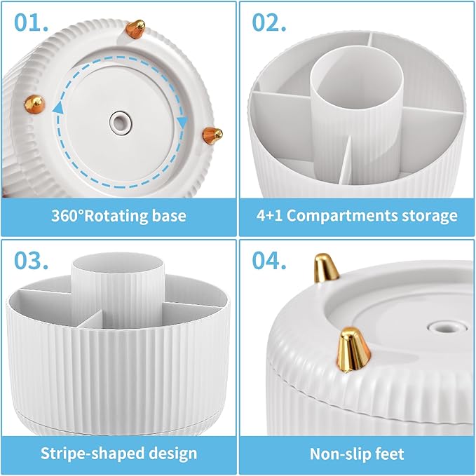 Marbrasse Desk Organizer, 360-Degree Rotating Pen Holder for Desk, Desk Organizers and Accessories with 5 Compartments Pencil Organizer, Art Supply Storage Box Caddy for Office, Home （White）