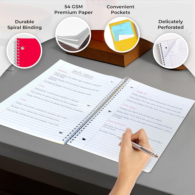 3 Subject Notebook Wide Ruled, 6 Pack, Long Lasting, Extra Pages - 300 Pages (150 Sheets), No-Bleed Thick Paper, 3 Hole Punched, 8x10-1/2, 3 Subject Spiral Notebook for School, Home & Office