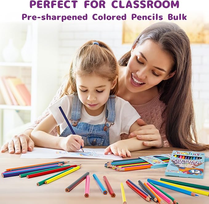 Premium Colored Pencils, Soft Core, 144 Count (Pack of 12), 12 Colors Pre-sharpened Color Pencils Bulk, Back to School Supplies, Classroom Prizes