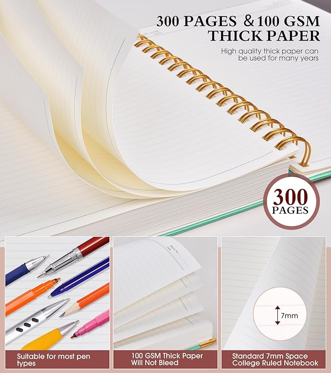 Spiral Notebook Journal 5.75” x 8.38”, 300 Pages Hardcover Leather Lined Journals for Women Men, A5 Small College Ruled Notebooks with 100 GSM Thick Paper, Spiral Journal for Writing Work School, Teal