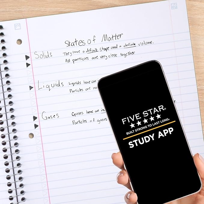 Five Star Spiral Notebook + Study App, 5 Subject, Wide Ruled Paper, Fights Ink Bleed, Water Resistant Cover, 8" x 10-1/2", 200 Sheets, Fire Red (72041)