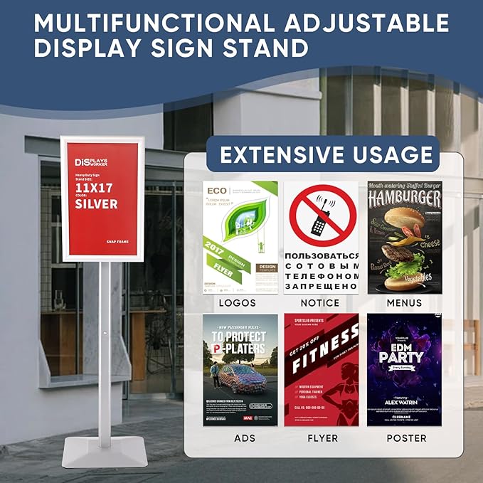 DISPLAYSWORKER Adjustable Heavy Duty Pedestal Sign holder floor Stand,sign stand poster stand Aluminum Snap Open Frame,Standing Floor for 11x 17 inch,Vertical/Horizontal View,SILVER