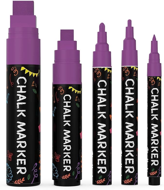 5 Purple Chalkboard Chalk Pens - Purple Dry Erase Markers for Blackboard, Chalkboard Signs, Windows, Glass | Variety Pack - Fine & Jumbo Size Ink Pen (1mm, 3mm, 6mm, 10mm, 15mm)