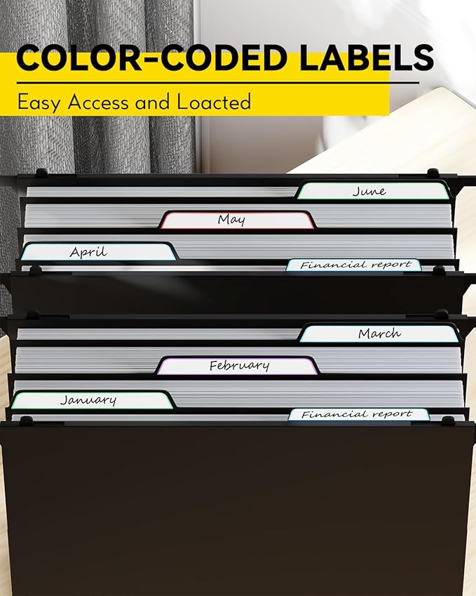 Ansook Plastic High Capacity Hanging File Folders,Heavy Duty 4”Expansion Accordian Pocket,Staggered Tabs with Movable Dividers, Extra Wide,Letter Size,Hanging Organizer for Filing Cabinet,6 Pack,Black
