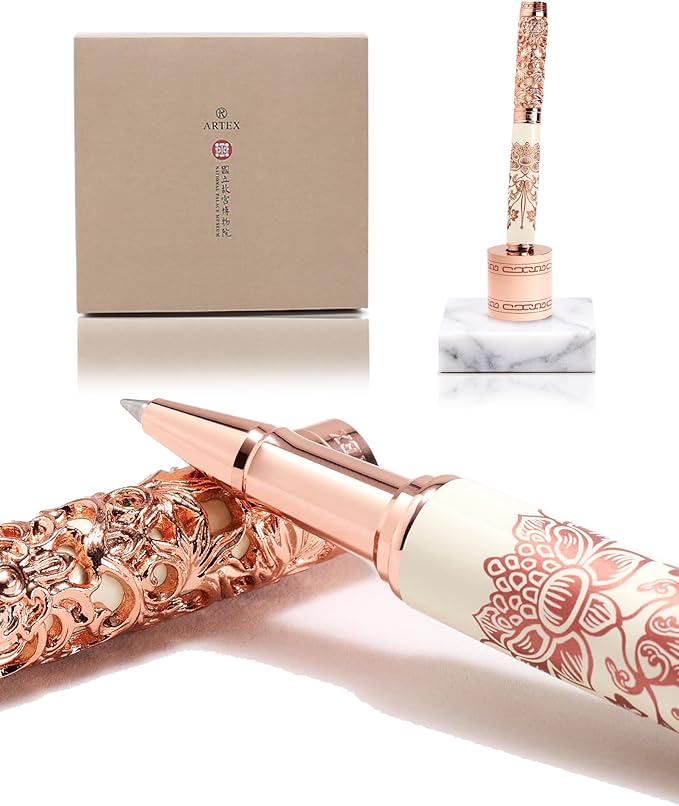 Executive Rollerball Pen Sets With Stand - Museum Art Collections - Crafting Timeless Beauty - Luxury Pen Gift & Office Desk Decor, German SCHMIDT refill, Solid Metal & Marble Texture