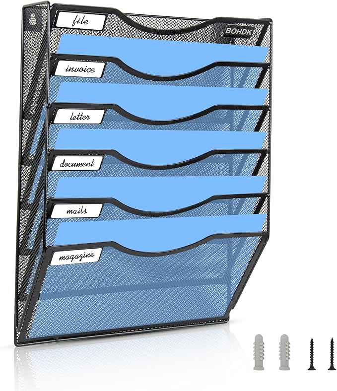 Wall File Organizer, 6 Tier Hanging File Folder Mail Organizer, Vertical Mesh Metal Wall Mount Hanging File Holder, Paper Document Magazine Rack for Home Office Black