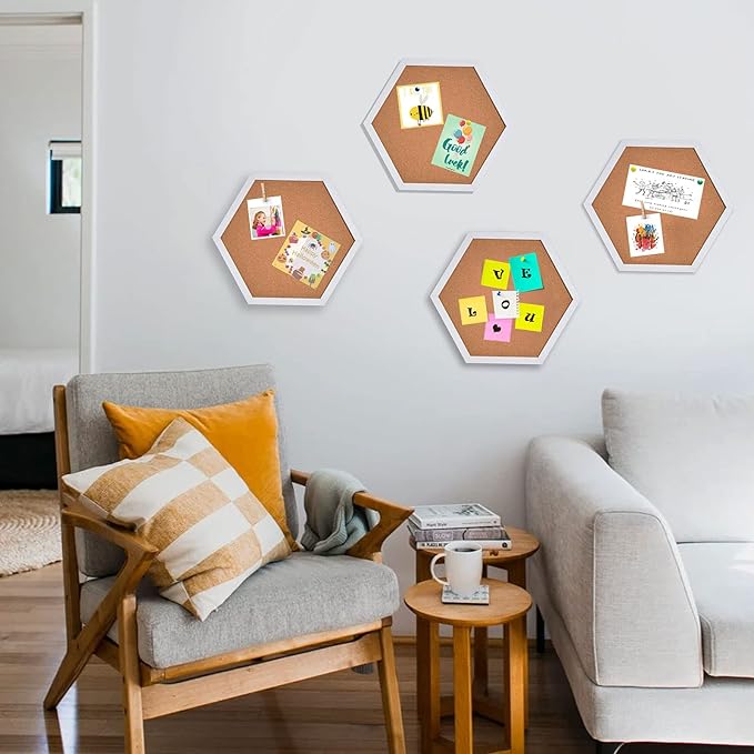 Cork Bulletin Board Hexagon White, Small Framed Corkboard Tiles for Wall, Thick Decorative Display Boards for Home Office Decor, School Message Board (4 Pack)