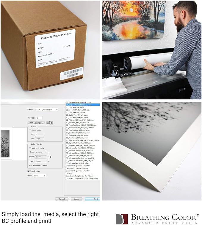 Elegance Velvet 54 in x 40 ft roll is a Premium Matte 310 gsm, Cold Pressed Bright White Museum Grade Fine Art Inkjet Paper, Compatible with Most Dye-Based and Pigment Printers